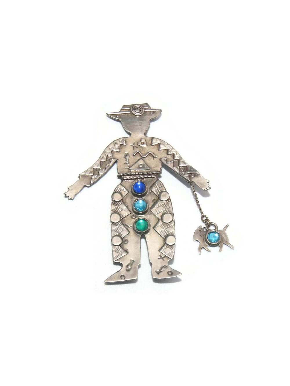 VTG Deborah Roberts Sterling Silver with Blue & Green Resin Man and Dog Brooch.